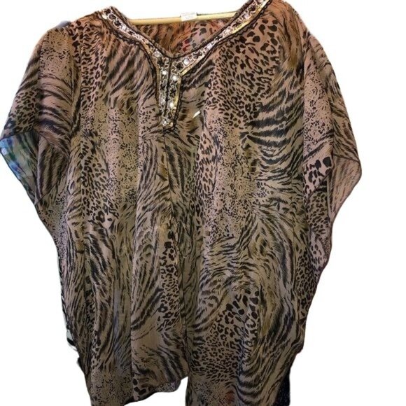 Animal Print Sheer Embellished Poncho Top By Asha - Picture 1 of 3